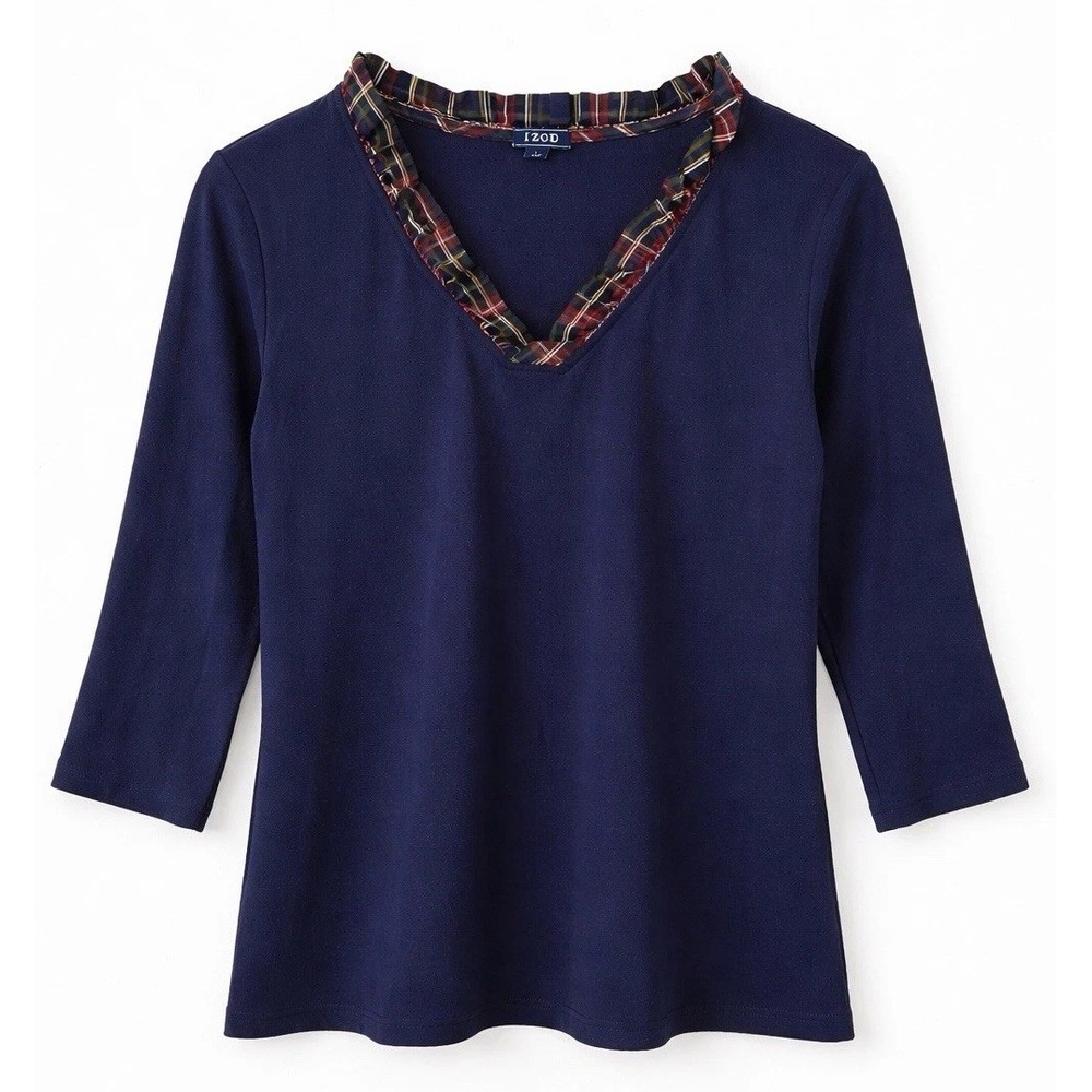 IZOD Navy Top Women‎ Large Plaid Trim V Neck 3/4 Sleeve Preppy Blouse
